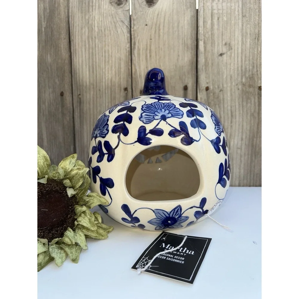 Martha Stewart Fall Halloween Ceramic Pumpkin Jack O Lantern Blue White Candle